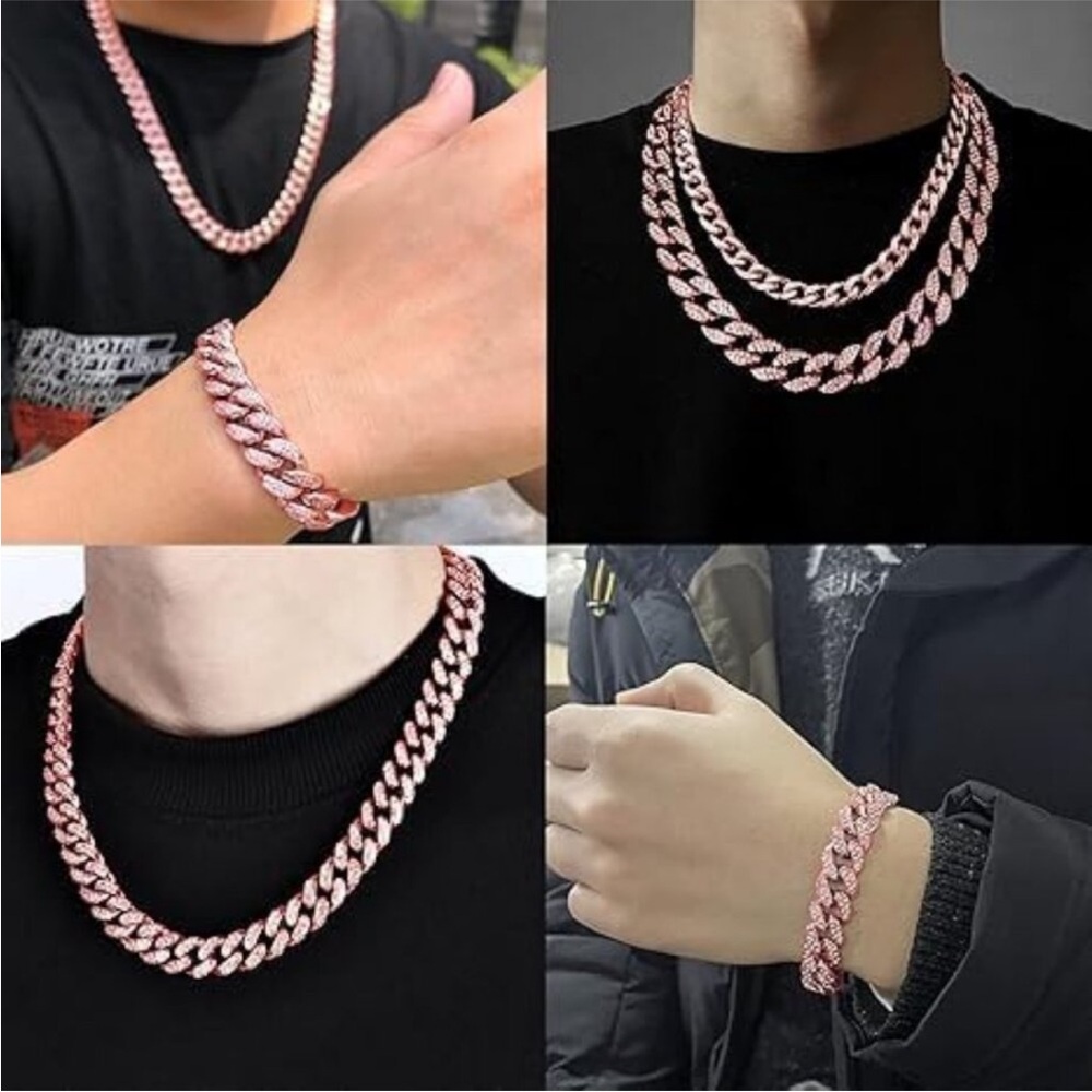 20” Cuban Link Chain for Men In ROSE GOLD Silver Necklace and BRACELET NEW